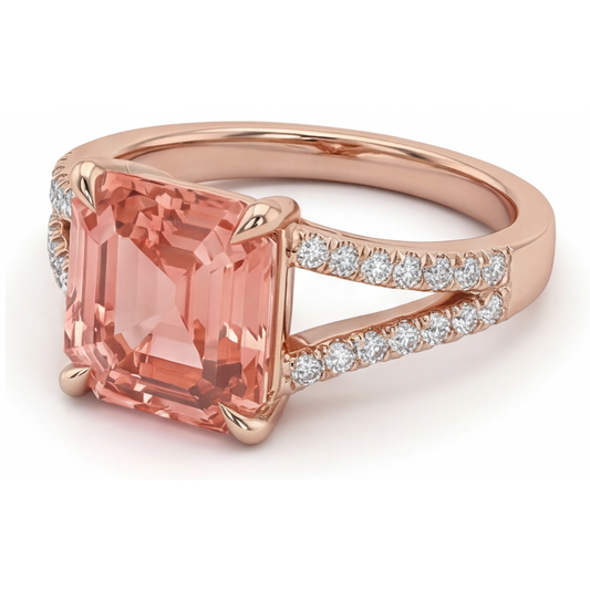 Peach Sapphire Engagement Ring 4.3 Carat Lab Grown Emerald Padparadscha Pave 14K Rose Gold