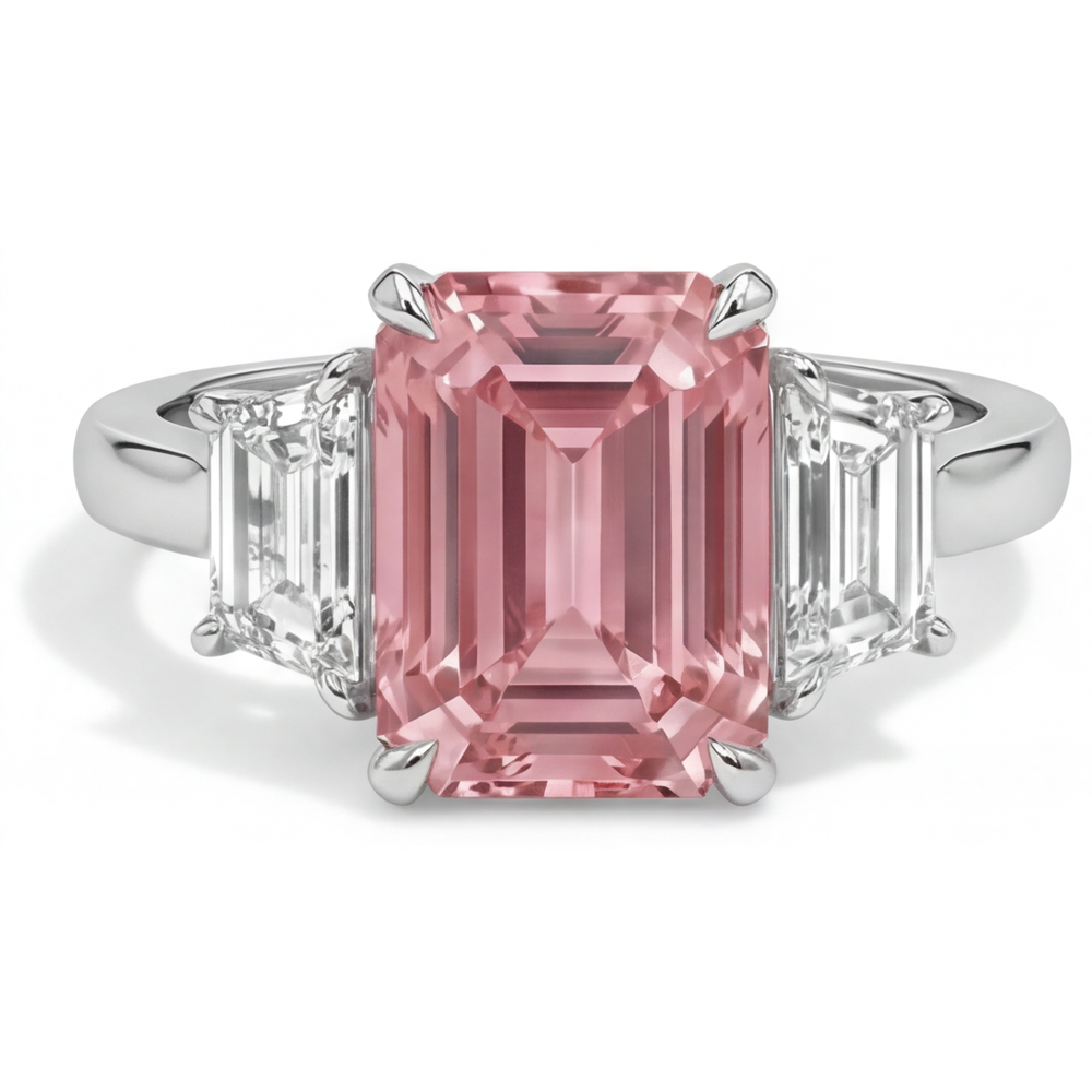 Peach Sapphire Ring 4.6 Carat Lab Grown Emerald Padparadscha and White Trapezoid Three Stone Cathedral 14K Gold