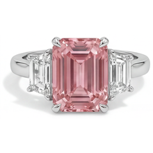 Peach Sapphire Ring 4.6 Carat Lab Grown Emerald Padparadscha and White Trapezoid Three Stone Cathedral 14K Gold