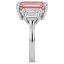 Peach Sapphire Ring 4.6 Carat Lab Grown Emerald Padparadscha and White Trapezoid Three Stone Cathedral 14K Gold