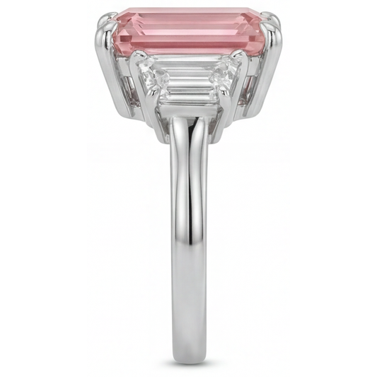 Peach Sapphire Ring 4.6 Carat Lab Grown Emerald Padparadscha and White Trapezoid Three Stone Cathedral 14K Gold