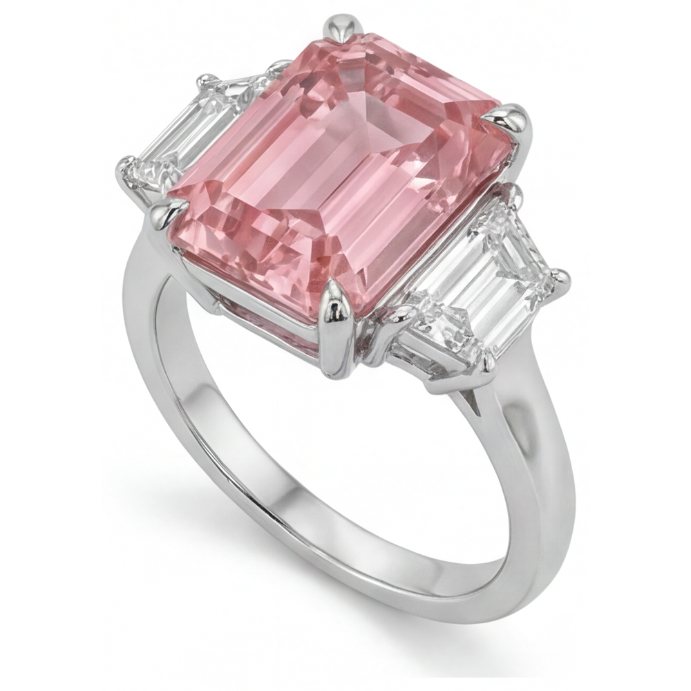 Peach Sapphire Ring 4.6 Carat Lab Grown Emerald Padparadscha and White Trapezoid Three Stone Cathedral 14K Gold
