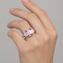 Peach Sapphire Ring 4.6 Carat Lab Grown Emerald Padparadscha and White Trapezoid Three Stone Cathedral 14K Gold