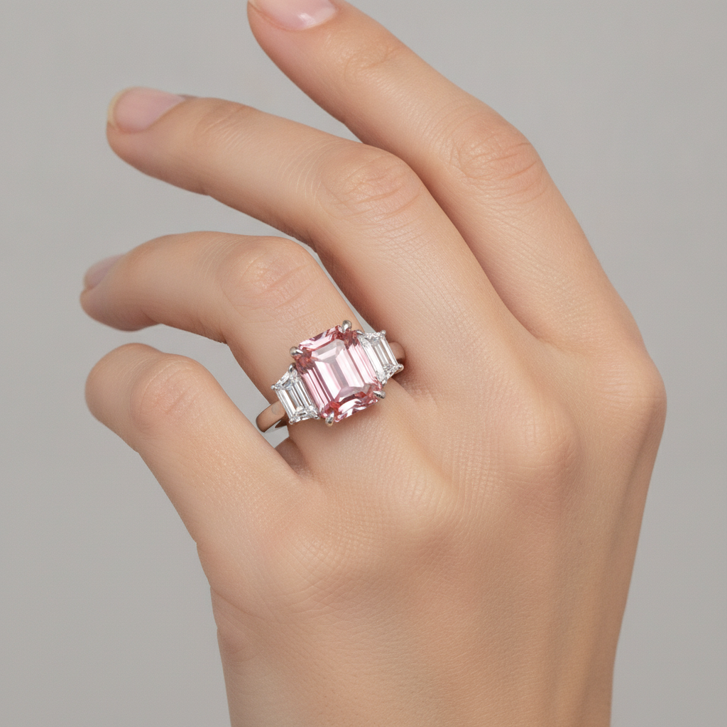 Peach Sapphire Ring 4.6 Carat Lab Grown Emerald Padparadscha and White Trapezoid Three Stone Cathedral 14K Gold