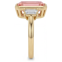 Lab Created Padparadscha Sapphire Ring 4.6 Carat Emerald and White Baguette Bezel Three Stone 14K Yellow Gold