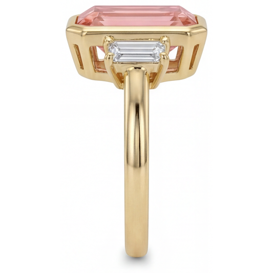 Lab Created Padparadscha Sapphire Ring 4.6 Carat Emerald and White Baguette Bezel Three Stone 14K Yellow Gold