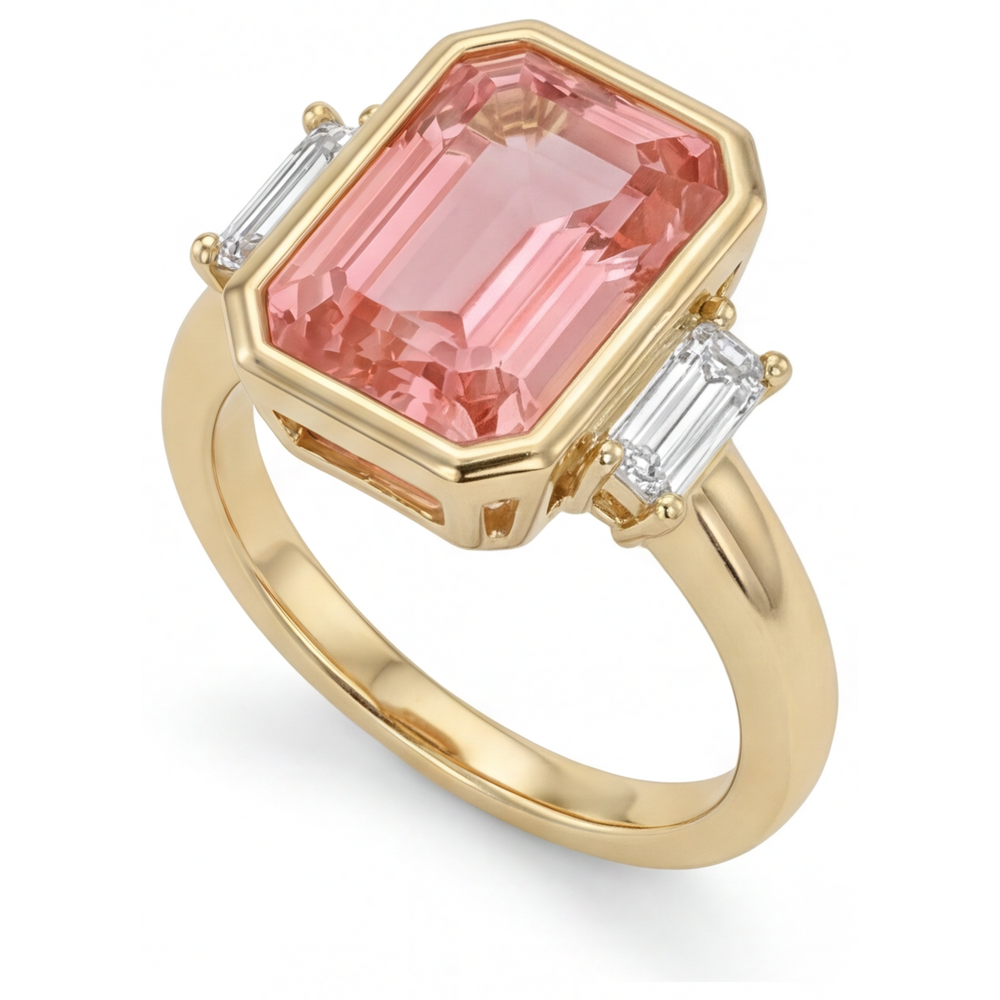 Lab Created Padparadscha Sapphire Ring 4.6 Carat Emerald and White Baguette Bezel Three Stone 14K Yellow Gold