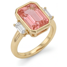 Lab Created Padparadscha Sapphire Ring 4.6 Carat Emerald and White Baguette Bezel Three Stone 14K Yellow Gold