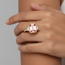 Lab Created Padparadscha Sapphire Ring 4.6 Carat Emerald and White Baguette Bezel Three Stone 14K Yellow Gold