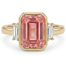Lab Created Padparadscha Sapphire Ring 4.6 Carat Emerald and White Baguette Bezel Three Stone 14K Yellow Gold