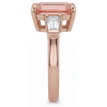 Peach Sapphire Ring 4.6 Carat Lab Grown Emerald Padparadscha and White Baguette Three Stone 14K Rose Gold
