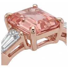 Peach Sapphire Ring 4.6 Carat Lab Grown Emerald Padparadscha and White Baguette Three Stone 14K Rose Gold