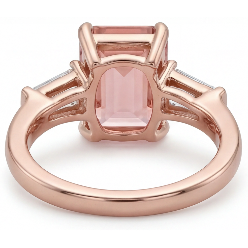 Peach Sapphire Ring 4.6 Carat Lab Grown Emerald Padparadscha and White Baguette Three Stone 14K Rose Gold