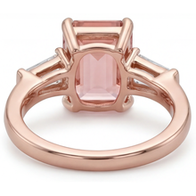 Peach Sapphire Ring 4.6 Carat Lab Grown Emerald Padparadscha and White Baguette Three Stone 14K Rose Gold