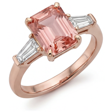 Peach Sapphire Ring 4.6 Carat Lab Grown Emerald Padparadscha and White Baguette Three Stone 14K Rose Gold