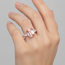 Peach Sapphire Ring 4.6 Carat Lab Grown Emerald Padparadscha and White Baguette Three Stone 14K Rose Gold