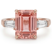 Peach Sapphire Ring 4.6 Carat Lab Grown Emerald Padparadscha and White Baguette Three Stone 14K Rose Gold