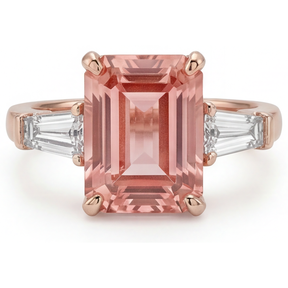 Peach Sapphire Ring 4.6 Carat Lab Grown Emerald Padparadscha and White Baguette Three Stone 14K Rose Gold