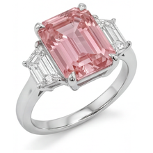 Peach Color Sapphire 4.6 Carat Lab Grown Emerald Padparadscha and White Trapezoid Three Stone Plain Ring 14K Gold