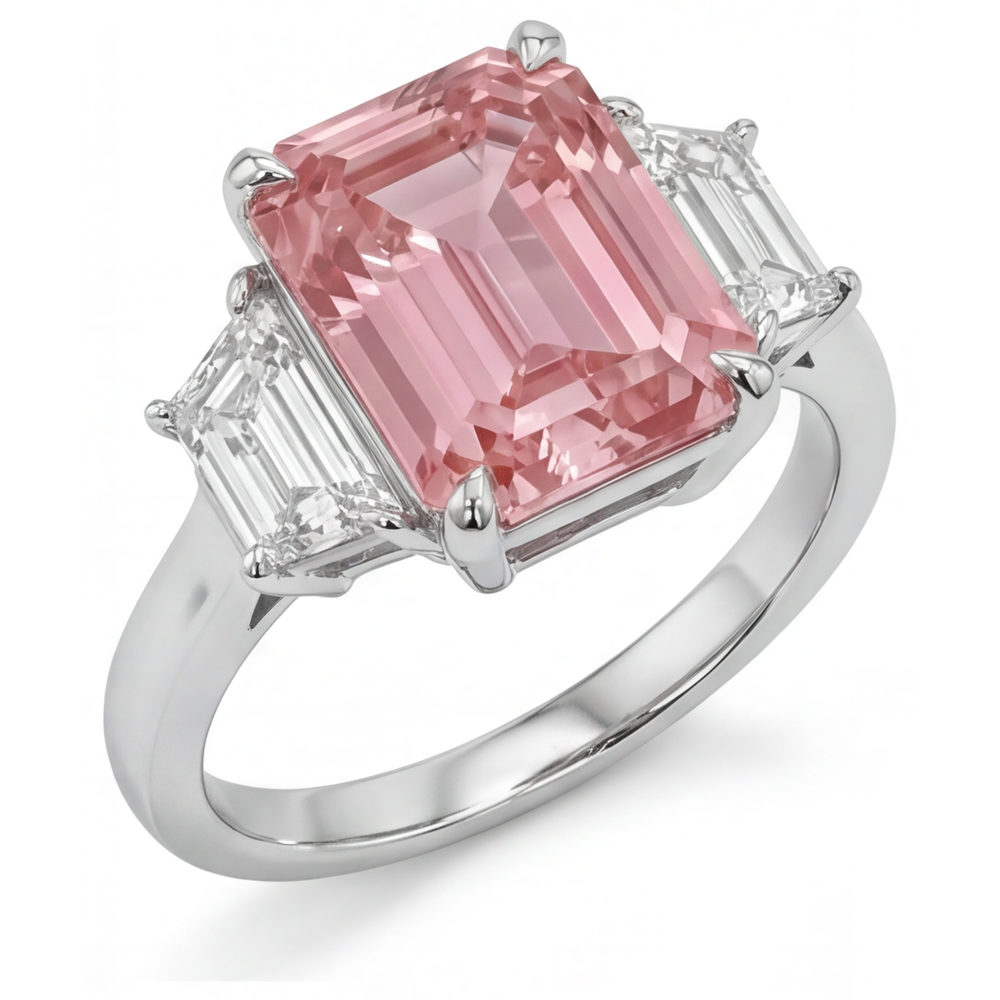 Peach Color Sapphire 4.6 Carat Lab Grown Emerald Padparadscha and White Trapezoid Three Stone Plain Ring 14K Gold