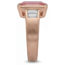 Orange Padparadscha Sapphire Ring 2.9 Carat Real Emerald and White Baguette Bezel Three Stone 14K Rose Gold