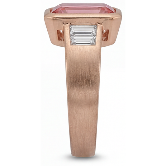Orange Padparadscha Sapphire Ring 2.9 Carat Real Emerald and White Baguette Bezel Three Stone 14K Rose Gold