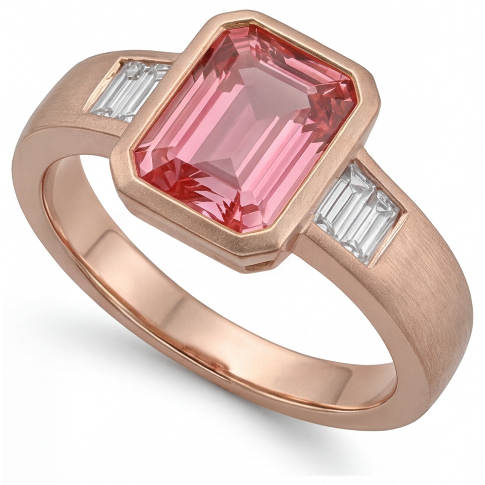Orange Padparadscha Sapphire Ring 2.9 Carat Real Emerald and White Baguette Bezel Three Stone 14K Rose Gold