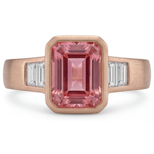 Orange Padparadscha Sapphire Ring 2.9 Carat Real Emerald and White Baguette Bezel Three Stone 14K Rose Gold