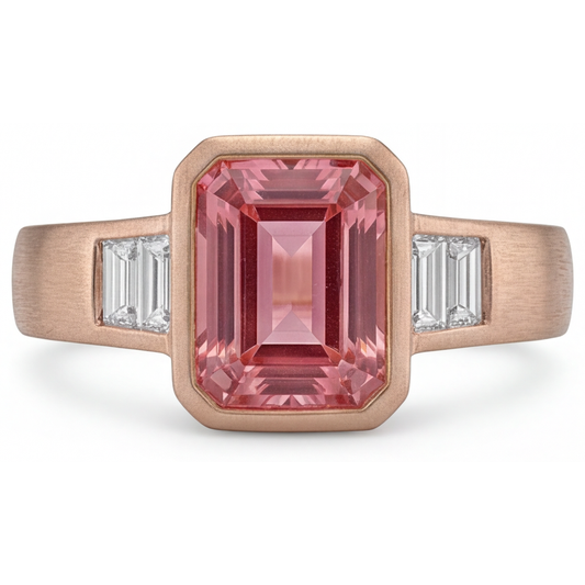 Orange Padparadscha Sapphire Ring 2.9 Carat Real Emerald and White Baguette Bezel Three Stone 14K Rose Gold