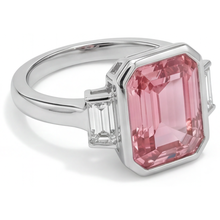 Padparadscha Engagement Ring 3.9 Carat Genuine Emerald Sapphire and White Baguette Bezel Three Stone 14K Gold