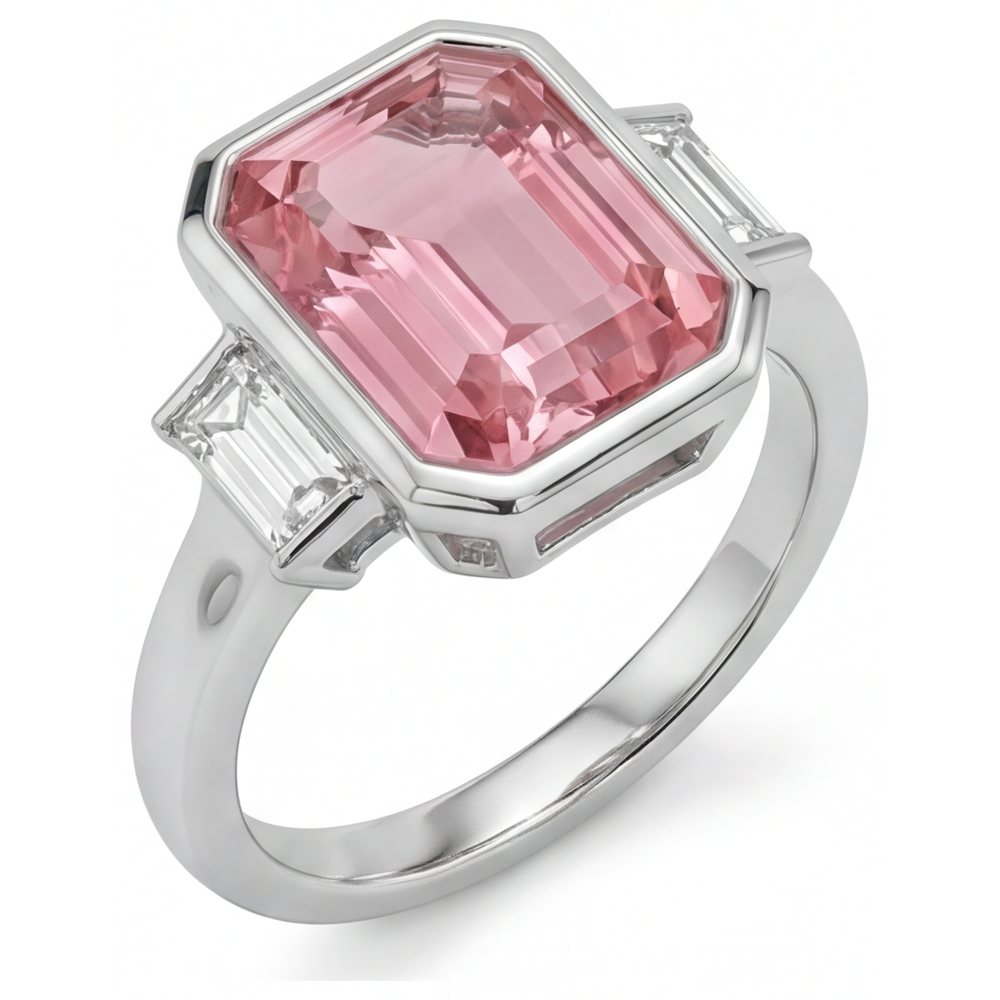 Padparadscha Engagement Ring 3.9 Carat Genuine Emerald Sapphire and White Baguette Bezel Three Stone 14K Gold