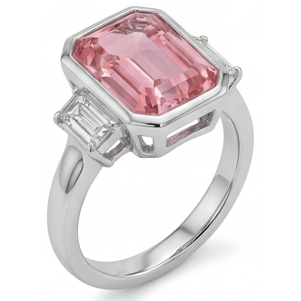 Padparadscha Engagement Ring 3.9 Carat Genuine Emerald Sapphire and White Baguette Bezel Three Stone 14K Gold