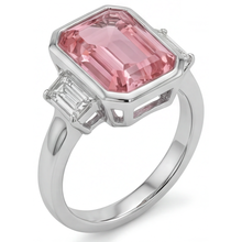 Padparadscha Engagement Ring 3.9 Carat Genuine Emerald Sapphire and White Baguette Bezel Three Stone 14K Gold