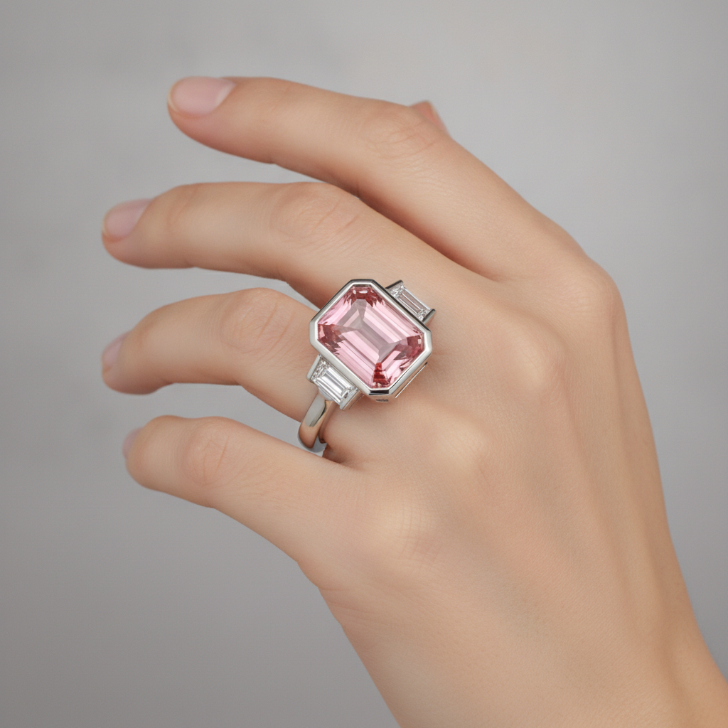 Padparadscha Engagement Ring 3.9 Carat Genuine Emerald Sapphire and White Baguette Bezel Three Stone 14K Gold
