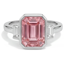 Padparadscha Engagement Ring 3.9 Carat Genuine Emerald Sapphire and White Baguette Bezel Three Stone 14K Gold