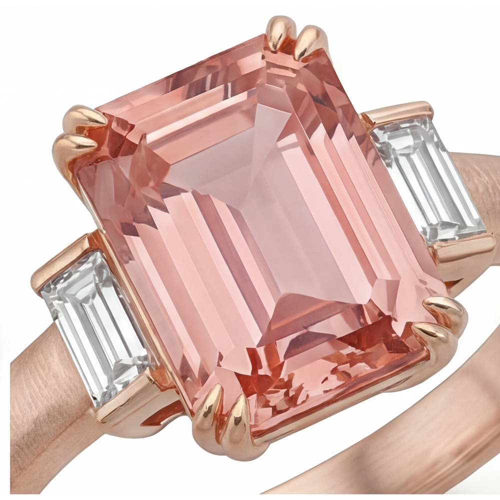 Orange Padparadscha Sapphire Ring 3.9 Carat Genuine Emerald and White Baguette Three Stone 14K Rose Gold