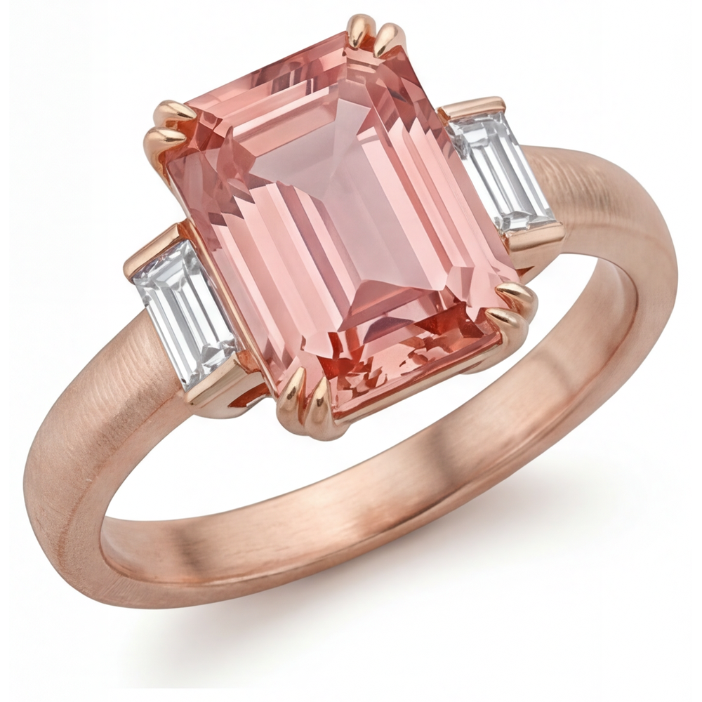 Orange Padparadscha Sapphire Ring 3.9 Carat Genuine Emerald and White Baguette Three Stone 14K Rose Gold