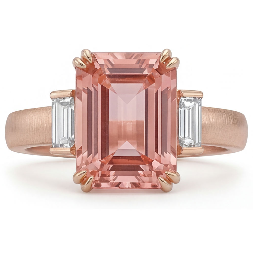Orange Padparadscha Sapphire Ring 3.9 Carat Genuine Emerald and White Baguette Three Stone 14K Rose Gold