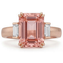 Orange Padparadscha Sapphire Ring 3.9 Carat Genuine Emerald and White Baguette Three Stone 14K Rose Gold