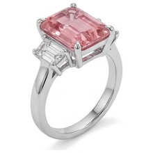 Padparadscha Ring 2.9 Carat Genuine Emerald Sapphire and White Baguette Three Stone Plain 14K Gold