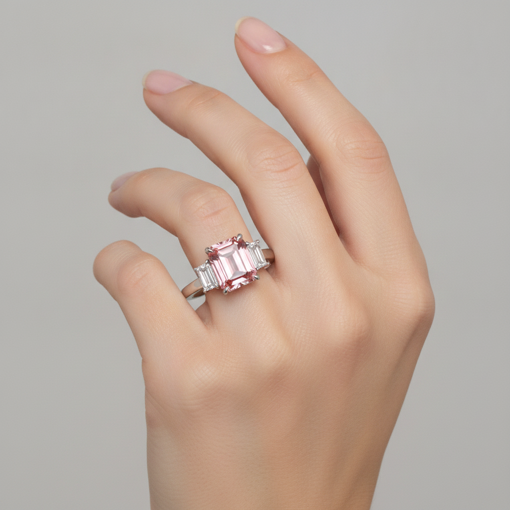 Padparadscha Ring 2.9 Carat Genuine Emerald Sapphire and White Baguette Three Stone Plain 14K Gold