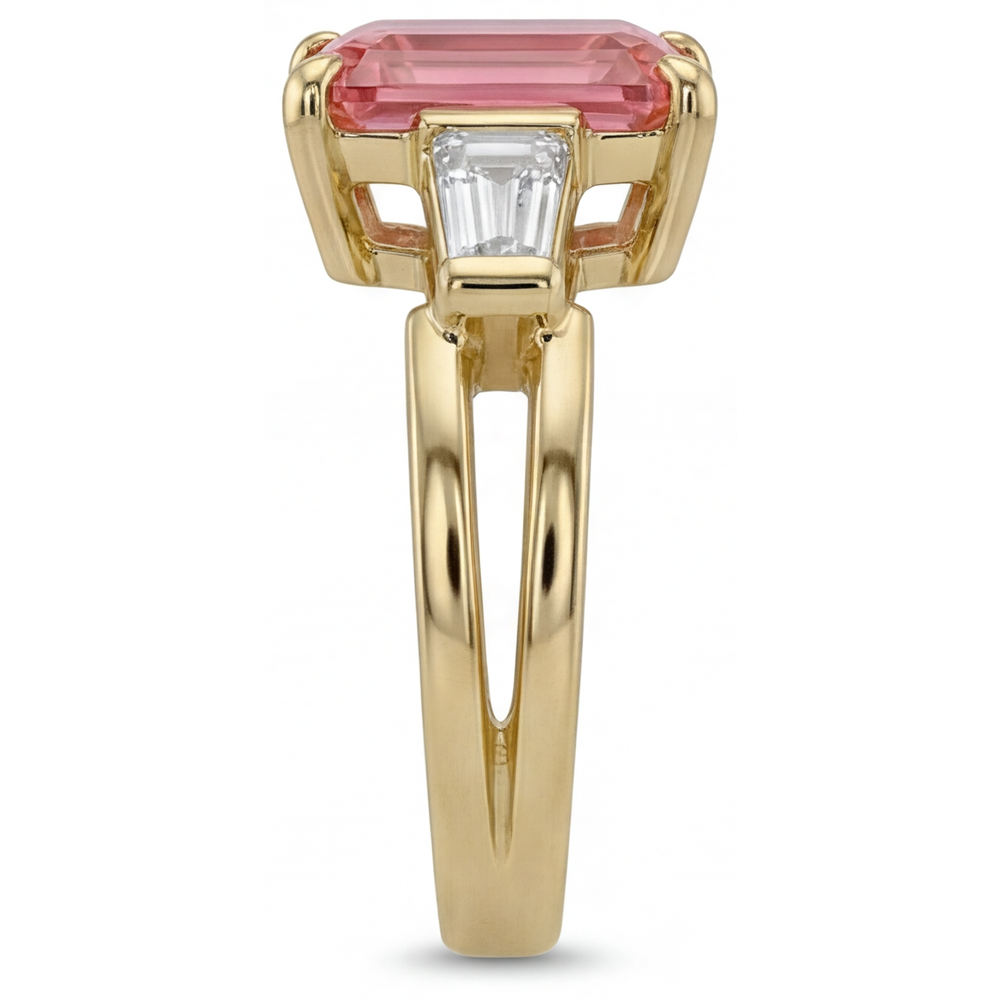 Peach Sapphire Ring 2.9 Carat Real Emerald Padparadscha and White Baguette Three Stone 14K Yellow Gold