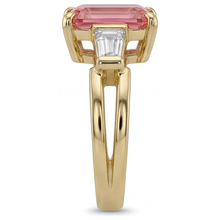 Peach Sapphire Ring 2.9 Carat Real Emerald Padparadscha and White Baguette Three Stone 14K Yellow Gold