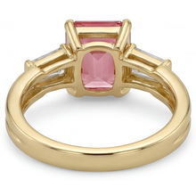 Peach Sapphire Ring 2.9 Carat Real Emerald Padparadscha and White Baguette Three Stone 14K Yellow Gold