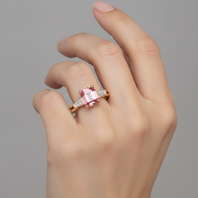 Peach Sapphire Ring 2.9 Carat Real Emerald Padparadscha and White Baguette Three Stone 14K Yellow Gold
