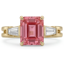 Peach Sapphire Ring 2.9 Carat Real Emerald Padparadscha and White Baguette Three Stone 14K Yellow Gold