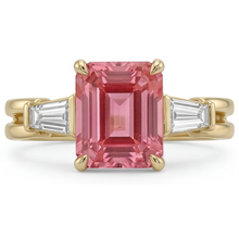 Peach Sapphire Ring 2.9 Carat Real Emerald Padparadscha and White Baguette Three Stone 14K Yellow Gold
