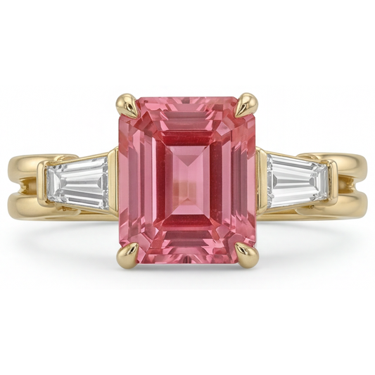 Peach Sapphire Ring 2.9 Carat Real Emerald Padparadscha and White Baguette Three Stone 14K Yellow Gold
