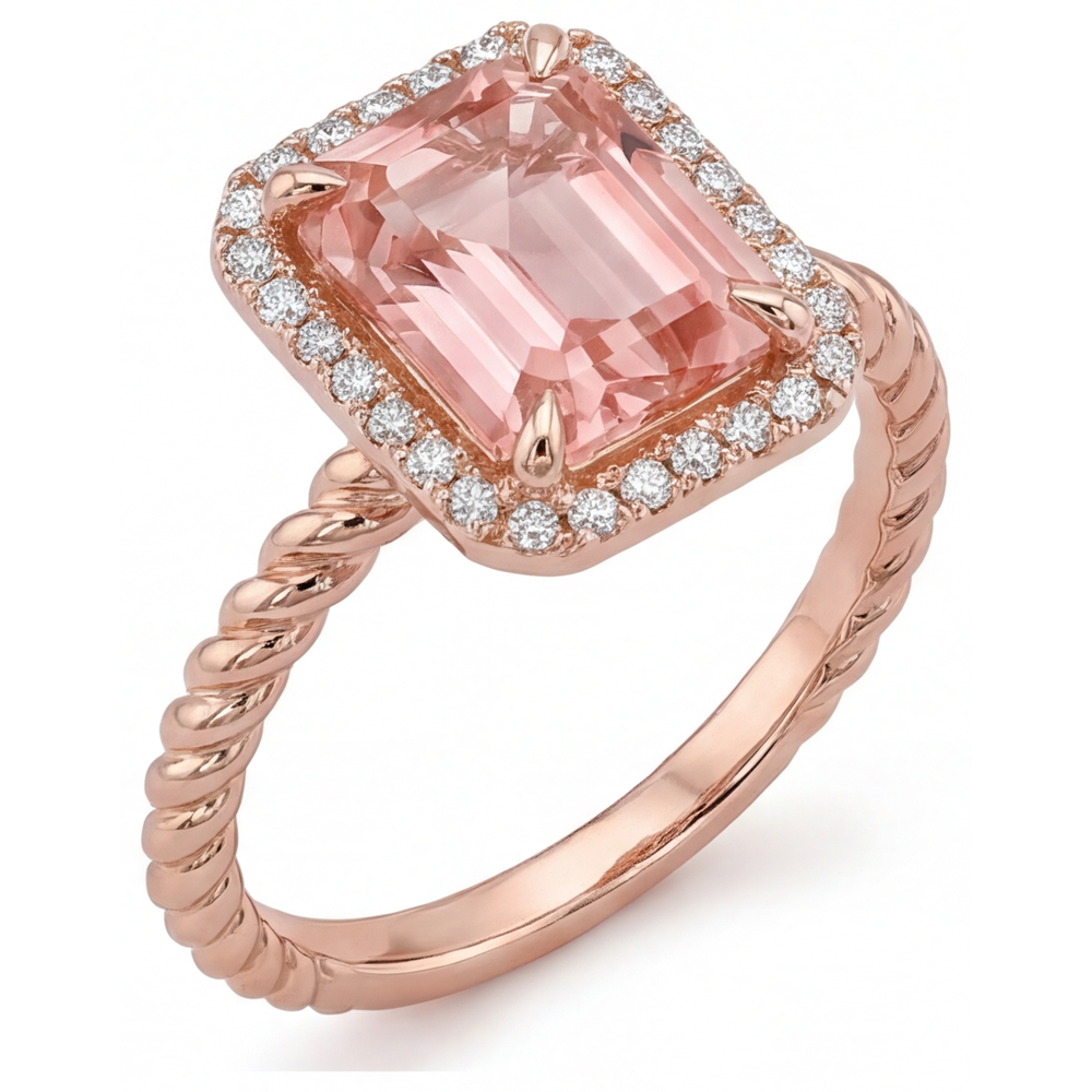 Orange Padparadscha Sapphire Ring 2.5 Carat Genuine Emerald Halo 14K Rose Gold