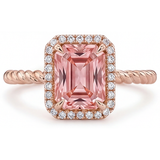 Orange Padparadscha Sapphire Ring 2.5 Carat Genuine Emerald Halo 14K Rose Gold